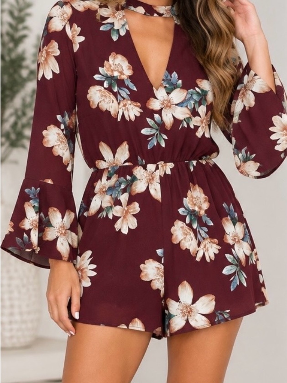 mine Burgundy Floral V-Neck Romper with Bell Sleeves